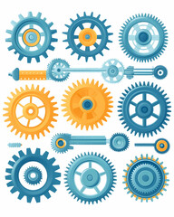 Wall Mural - Colorful gears and machine parts on white background; industrial design elements for engineering or technology projects