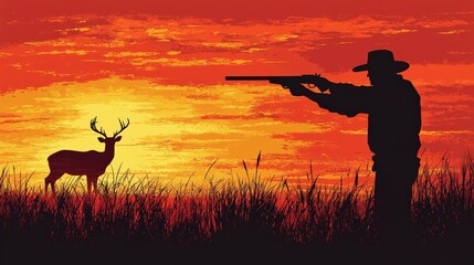 Wall Mural - Silhouette of a Hunter Aiming at a Deer Against a Vibrant Sunset in a Grassy Landscape