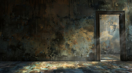Wall Mural - dimly lit room with textured walls and open door, creating mysterious atmosphere. Sunlight streams through doorway, illuminating floor