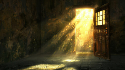 Wall Mural - Sunlight streams through open door, illuminating dim room with warm rays, creating serene and inviting atmosphere
