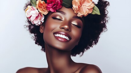 Wall Mural - Radiant woman with a flower crown, eyes closed, smiling.