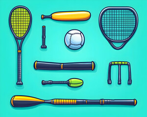 Poster - Colorful sports equipment flat lay,  various game bats and rackets, ball;  perfect for summer activities or game guides