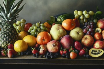 Wall Mural - Fresh Fruit Display on Wooden Table