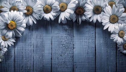 border of many white daisy flowers with yellow centres on blue wood background with copy space