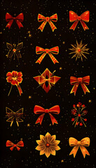 Wall Mural - Festive red and gold bows, stars, and flowers on dark background; holiday design elements