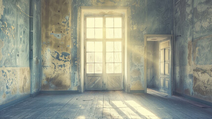 Wall Mural - sunlit, abandoned room with peeling walls and wooden floor, creating serene atmosphere. light streams through large windows, enhancing vintage feel