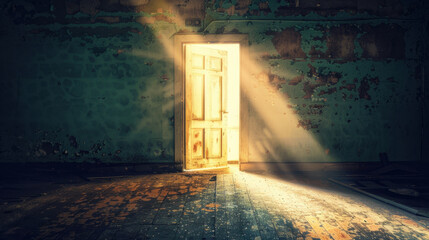 Wall Mural - bright light shines through open door in dilapidated room, casting rays onto dusty floor. atmosphere evokes sense of mystery and hope