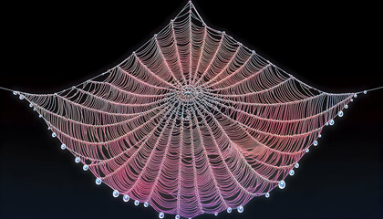 Illuminated spiderweb, dew drops, dark background, nature macro photography, website banner