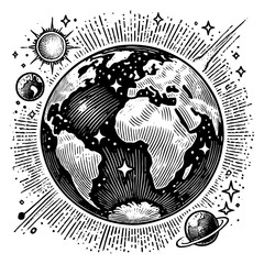 Wall Mural - earth surrounded by stars, planets, the sun, and a comet, symbolizing space, astronomy, and cosmos s