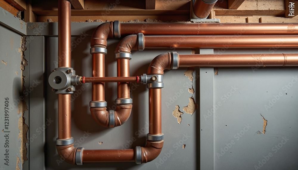Image showcasing Exposed copper pipes illuminated in construction setting, industrial ...