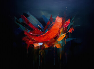 Fototapete - Vibrant, abstract artwork featuring bold strokes of red, orange, and teal against a dark background.  The paint appears thick and textured, creating a dynamic, almost explosive effect.
