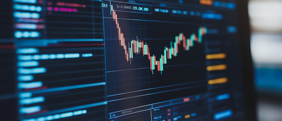 Wall Mural - Market Fluctuation: A close-up shot of a computer screen displaying a dynamic stock market chart with green and red lines fluctuating against a dark background.