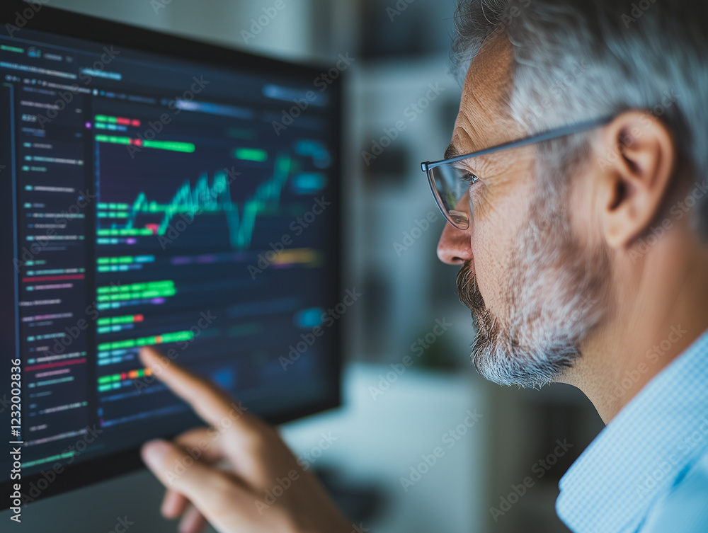 Foto de Stock Data Analyst at Work: A focused mature man, wearing ...