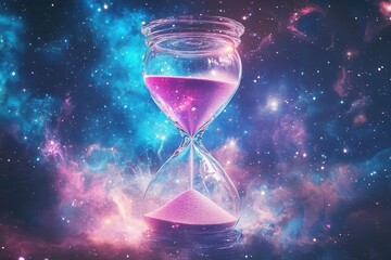 Wall Mural - cosmic hourglass floating in starlit void, swirling nebula sand flowing between crystal chambers, ethereal glow, mystical time keeper