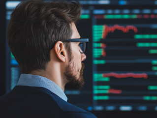 Wall Mural - Focused Trader: A pensive businessman in profile view, wearing glasses, intently studies a complex array of financial data displayed on large monitors. The image conveys concentration, analysis.