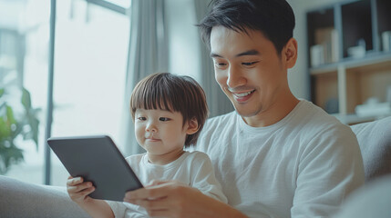 Wall Mural - Asian daddy and his child chat online using tablet, read e-book, watch cartoon, learn to control smart home app while sitting on sofa in modern living room