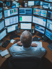 Wall Mural - The Analyst's Eye: A man sits at a desk in a bustling financial center, his back to the camera, intently studying multiple screens filled with data, a scene embodying the world of finance, trading.