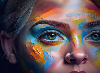 Aufkleber - Close-up of a woman's face, artistically painted with vibrant, impasto strokes of color.  Her striking green eyes are the focal point.