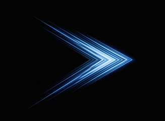 Fototapete - A vibrant blue arrow, composed of parallel light streaks, points right against a pitch-black background.  The design is sharp, modern, and dynamic.