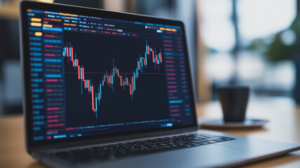 Wall Mural - Stock Market Analysis on Laptop: A close-up shot of a laptop screen displaying a dynamic stock market chart, showcasing fluctuating trends and data points.