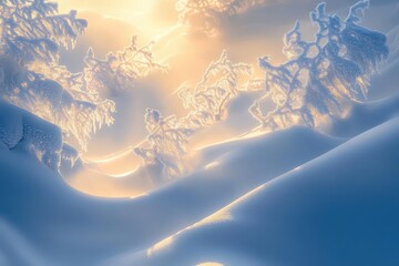 Wall Mural - crystalline ice formations on black pine branches, pristine snow blanket, ethereal winter morning light