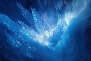Wall Mural - crystalline ice formations on frozen waterfall, ethereal blue tones, sunlight creating prismatic eff