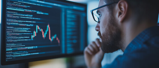 Wall Mural - analyzing the data: a focused programmer analyzes a data graph on his computer screen, meticulously 
