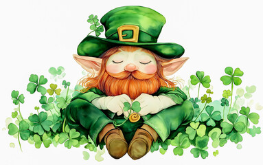 Wall Mural - Lovely and peaceful leprechaun illustration for kids against white background. Saint Patrick’s Day concept wallpaper.