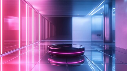 Poster - Abstract Neon Lights Background with Pink and Blue Glowing Display Platform