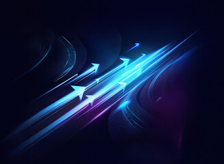 Aufkleber - Glowing blue arrows streak across a dark, abstract background, suggesting rapid movement and progress.  The vibrant light trails create a dynamic, futuristic feel.