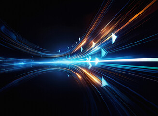 Fototapete - Abstract image depicting vibrant, glowing streaks of light forming a dynamic, curved tunnel.  Arrows indicate forward motion and speed.  The scene is mirrored, suggesting infinite possibilities.