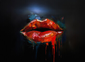 Poster - A vibrant, painterly close-up of red lips, rendered with thick, dripping paint, set against a dark background.  The style is expressive and slightly abstract.
