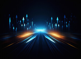 Fototapete - A futuristic highway stretches into the darkness, illuminated by glowing blue and orange streaks.  Numerous upward-pointing arrows rise from the road, symbolizing growth and progress.