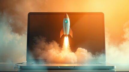 A laptop screen shows a rocket launching into the sky