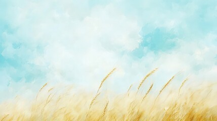 Wall Mural - Golden wheat field swaying gently under a bright blue sky with fluffy clouds in the background