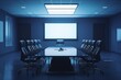 © sangkribo - Empty modern conference room at night with a large screen and black leather chairs.