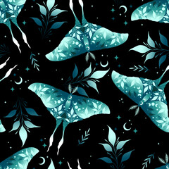 Wall Mural - floral moon moths vector seamless pattern. stars and moons boho wallpaper. nocturnal butterfly backg