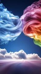 Wall Mural - colorful abstract smoke cloud swirls against bright blue sky
