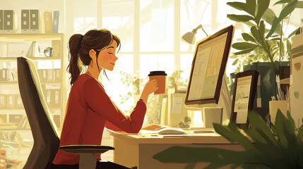 We love our work web banner, woman working in office sit at desk with computer and cup of coffee. Girl develop art project at workplace with wide window, Cartoon vector illustration, landing page
