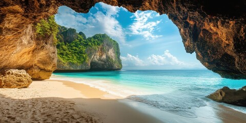 Wall Mural - Serene beach view from a cave, showcasing turquoise waters and a sunny sky.
