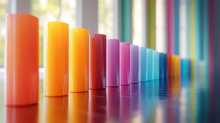 Poster - 3D bar chart, featuring colorful, rounded bars with a soft plastic-like texture. Each bar is evenly spaced and subtly glowing, floating above a polished floor reflecting gentle light.