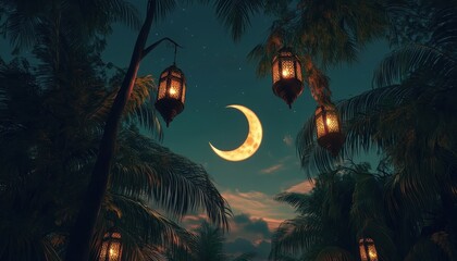 Wall Mural - crescent moon and glowing lanterns in a tropical night scene