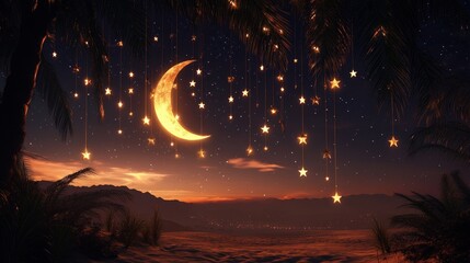 Wall Mural - crescent moon and stars hanging from a tree at night, magical fantasy landscape