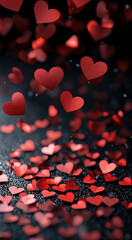 Poster - Red flat hearts of different sizes falling on a black background, isolated.