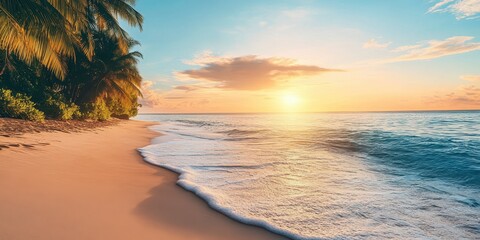 Wall Mural - a serene beach at sunset with gentle waves and palm trees swaying in the breeze.