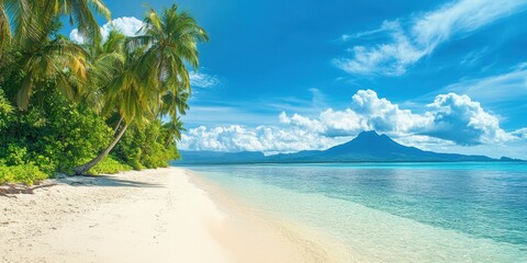 Wall Mural - a serene beach with clear water, palm trees, and distant mountains under a clear blue sky.
