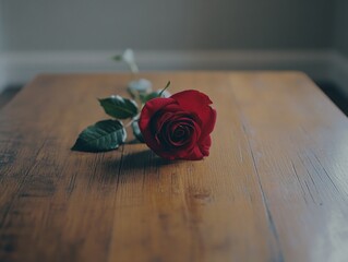 Poster - Red Rose on Wooden Table