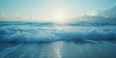 Wall Mural - a serene ocean view with gentle waves and a beautiful sunset in the background.