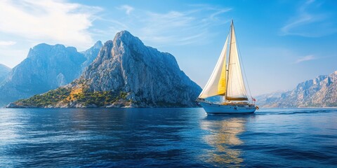 Wall Mural - a serene sailboat gliding across clear blue waters next to majestic mountains.
