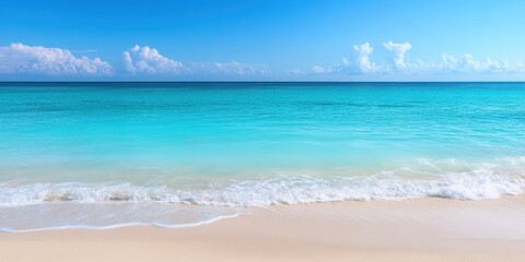 Wall Mural - A serene view of the ocean under a bright blue sky, with gentle waves lapping at the shore.